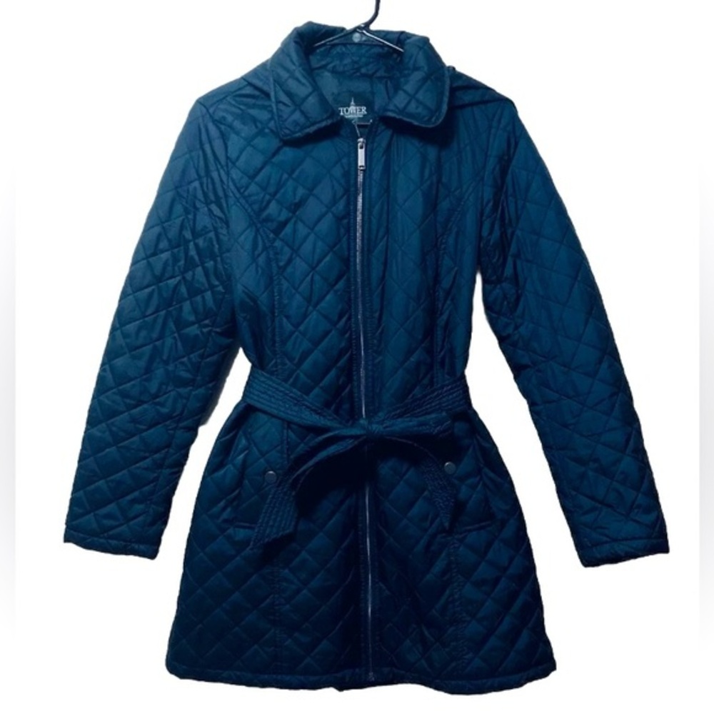 London Fog TOWER Navy Blue Quilted Jacket With Tie!